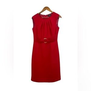 Tahari ASL Red Sleeveless Sheath Dress With Buckle Waist Size 6